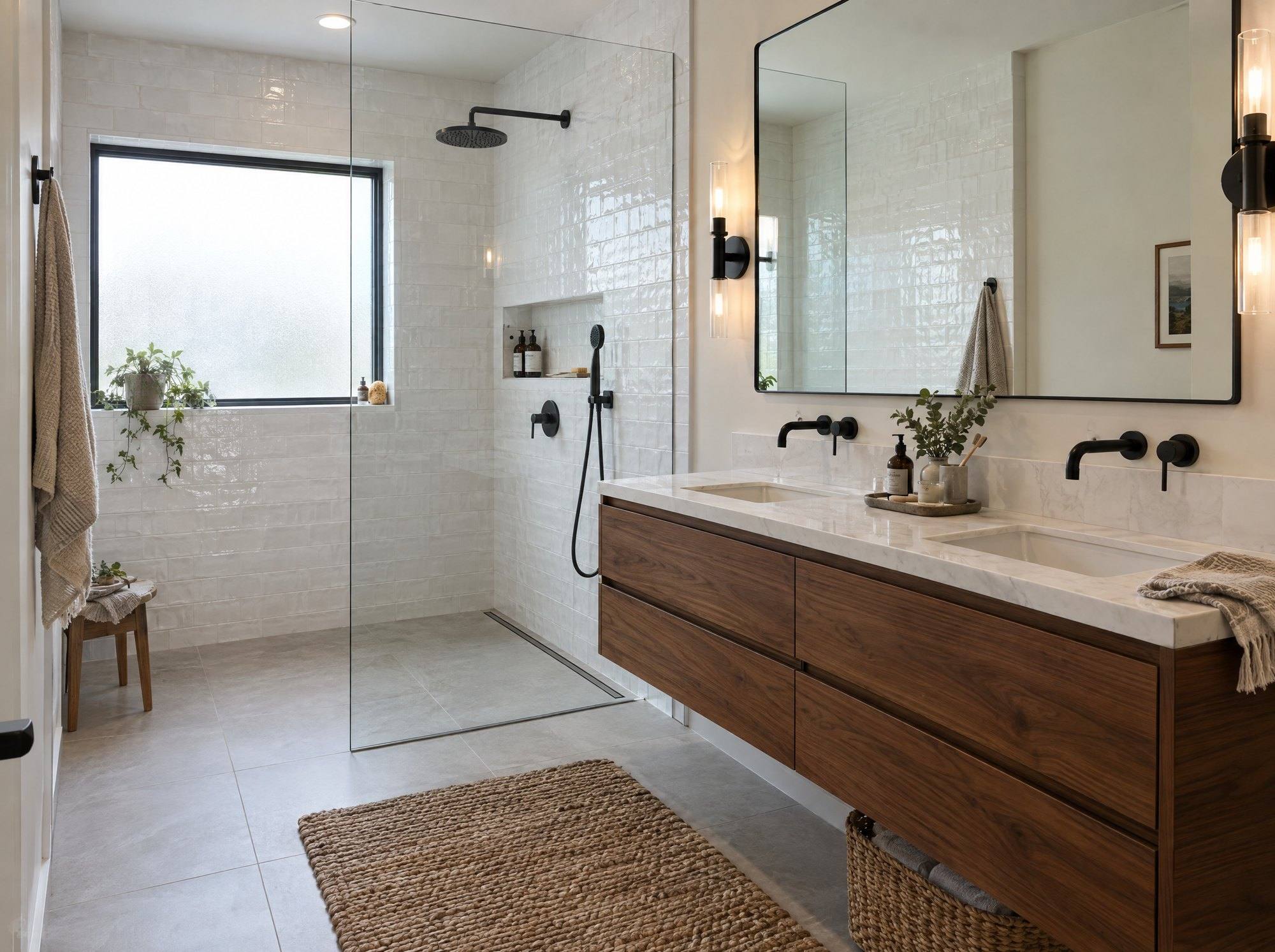 Remodeled bathroom with a curbless walk-in shower and a walnut double vanity