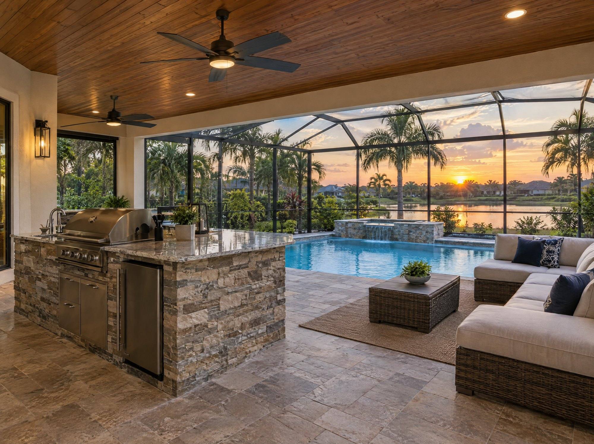 Screened lanai with a stone outdoor kitchen next to a pool at sunset
